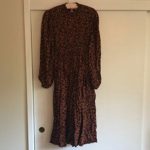 Women's Long Sleeve Smocked Bodice Dress - A New Day Brown Floral Print L